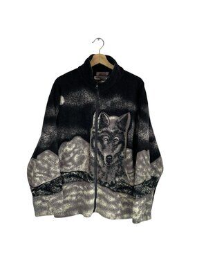 VTG Wolf Fleece Deep Pile Jacket Full Zip Wolves 90s Wild Life Nature Size Large